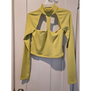 Women's Chartreuse Ribbed Cutout Long Sleeve Crop